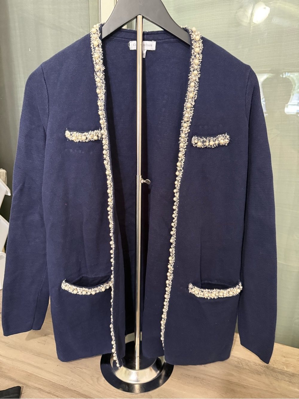Charter Club Navy Open-Front Jacket with Cream Tweed Trim